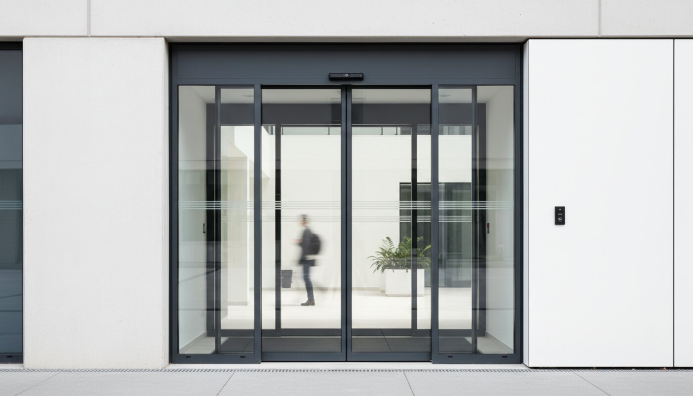Automatyczne drzwi przesuwne szklane w wejściu do nowoczesnego, białego budynku.