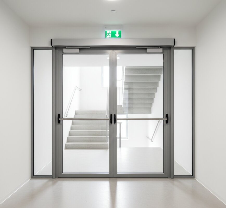 Przeszklone drzwi przeciwpożarowe Aluprof MB-60E EI z dźwignią paniczną na drodze ewakuacyjnej w nowoczesnym biurowcu