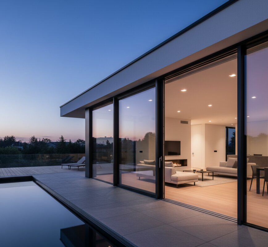 Monumentalne drzwi tarasowe Aluprof MB-77HS w systemie trzyszynowym, otwarte na taras z basenem o zmierzchu