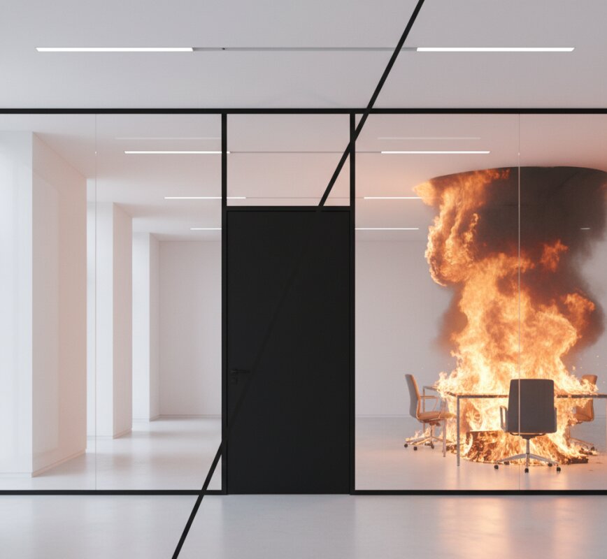 Szklana ściana przeciwpożarowa Aluprof MB-78EI klasy EI60 oddzielająca bezpieczny korytarz od strefy pożaru