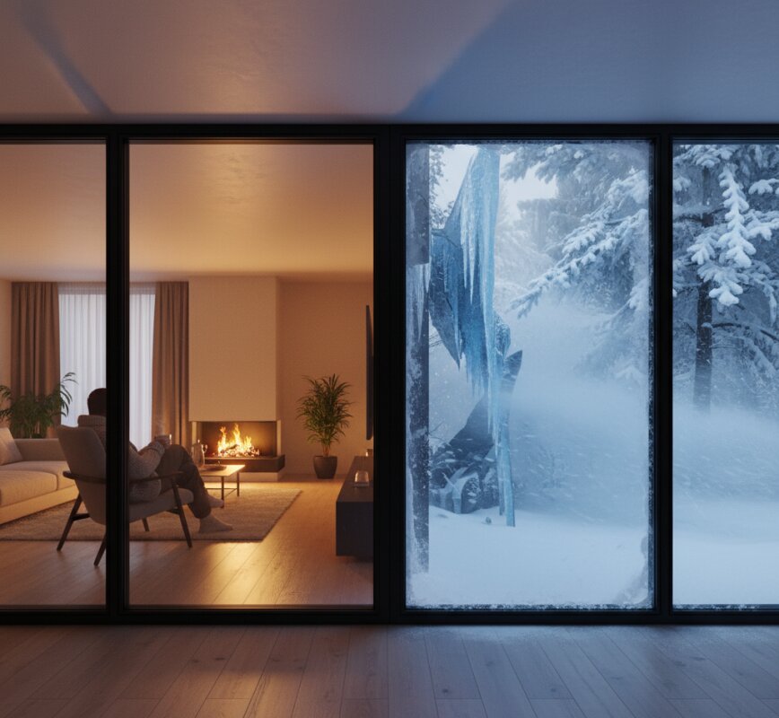 Okno pasywne Aluprof MB-86N oddzielające ciepły salon od zimowej zamieci, prezentujące izolację termiczną