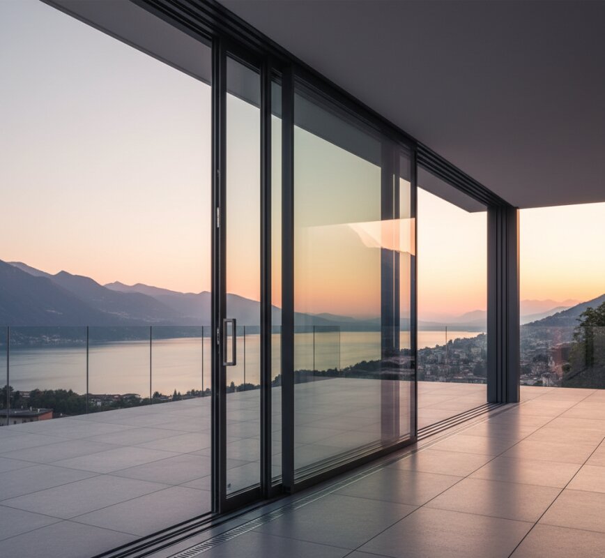 Bezramowy system szklany Aluprof MB-OpenSlide z panelami zsuwanymi na bok na wielotorowej prowadnicy dolnej