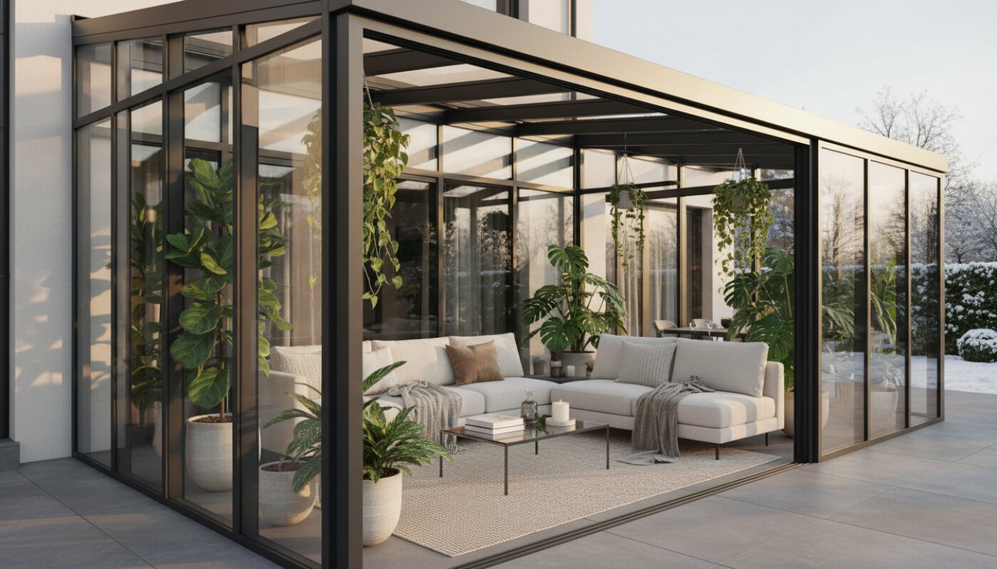 Wnętrze przeszklonej werandy z meblami wypoczynkowymi i roślinami doniczkowymi.