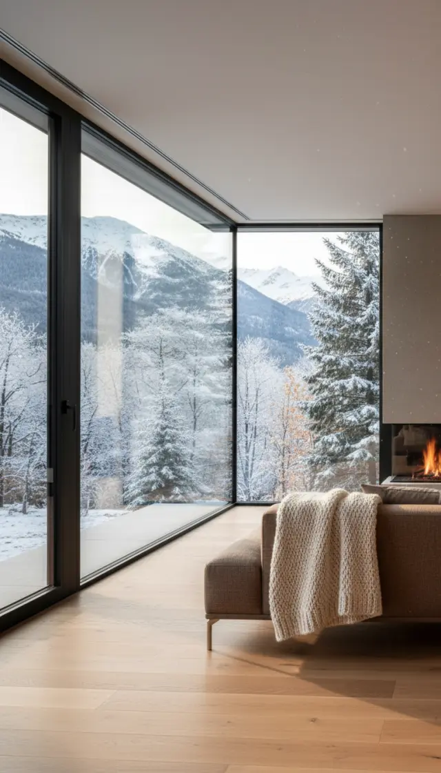 Nowoczesne przeszklenie narożne typu glass-to-glass z widokiem na góry w zimie.
