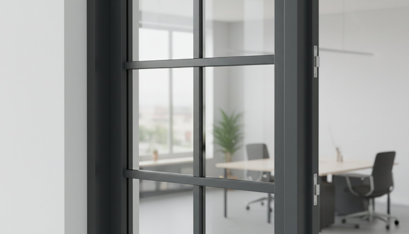 Czarne drzwi wewnętrzne w stylu loftowym ze szprosami w jasnym biurze.