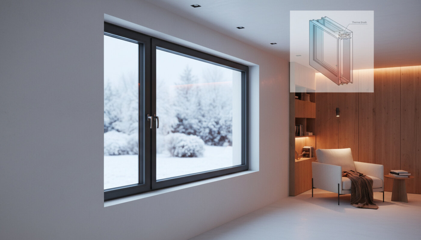 Okno aluminiowe z widocznym przekrojem technicznym profilu na tle zimowego krajobrazu.