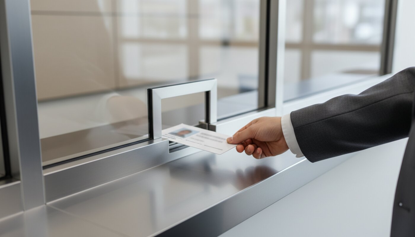 Okno kasowe z podajnikiem w szklanej przegrodzie; przekazywanie dokumentu.