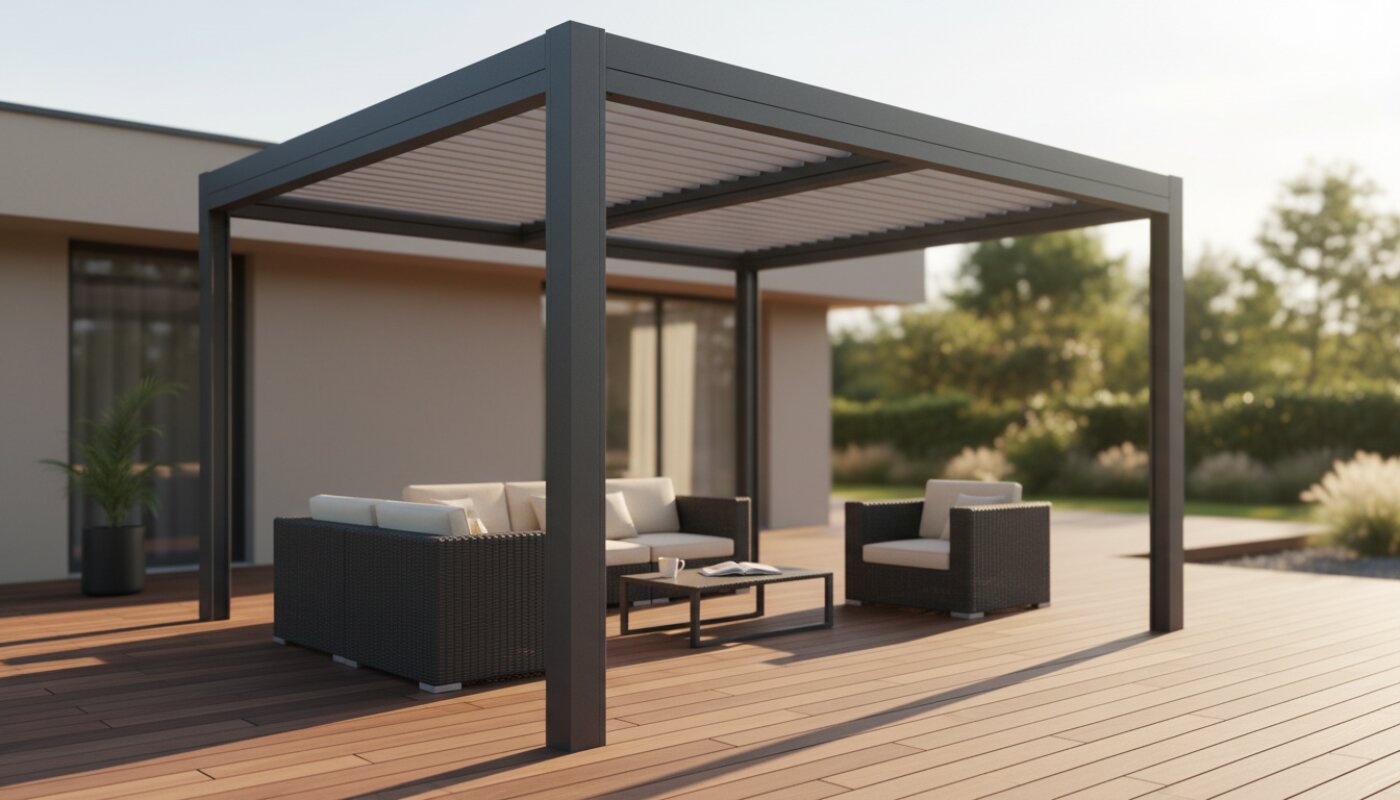Wolnostojąca pergola bioklimatyczna z ruchomymi lamelami na tarasie.
