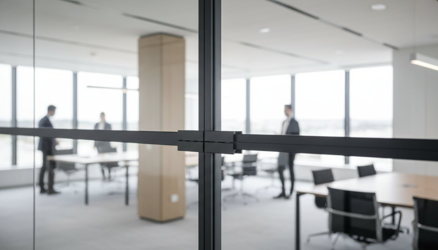 Systemowe szklane ścianki działowe w czarnych profilach w nowoczesnym biurze.