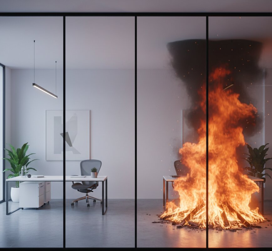 Szklana ścianka przeciwpożarowa oddzielająca bezpieczne biuro od ognia.