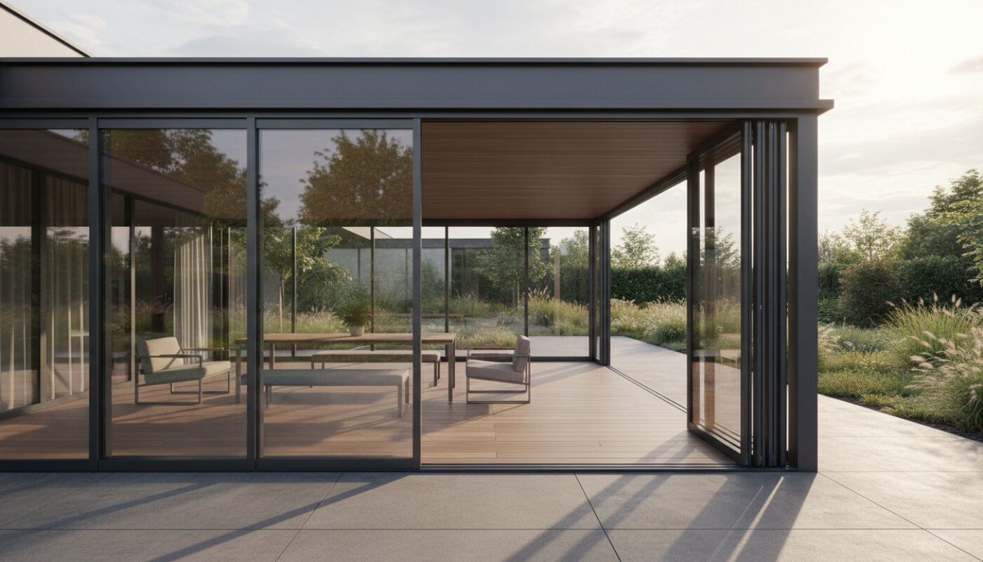 Nowoczesna pergola tarasowa z systemem szklanych drzwi harmonijkowych.